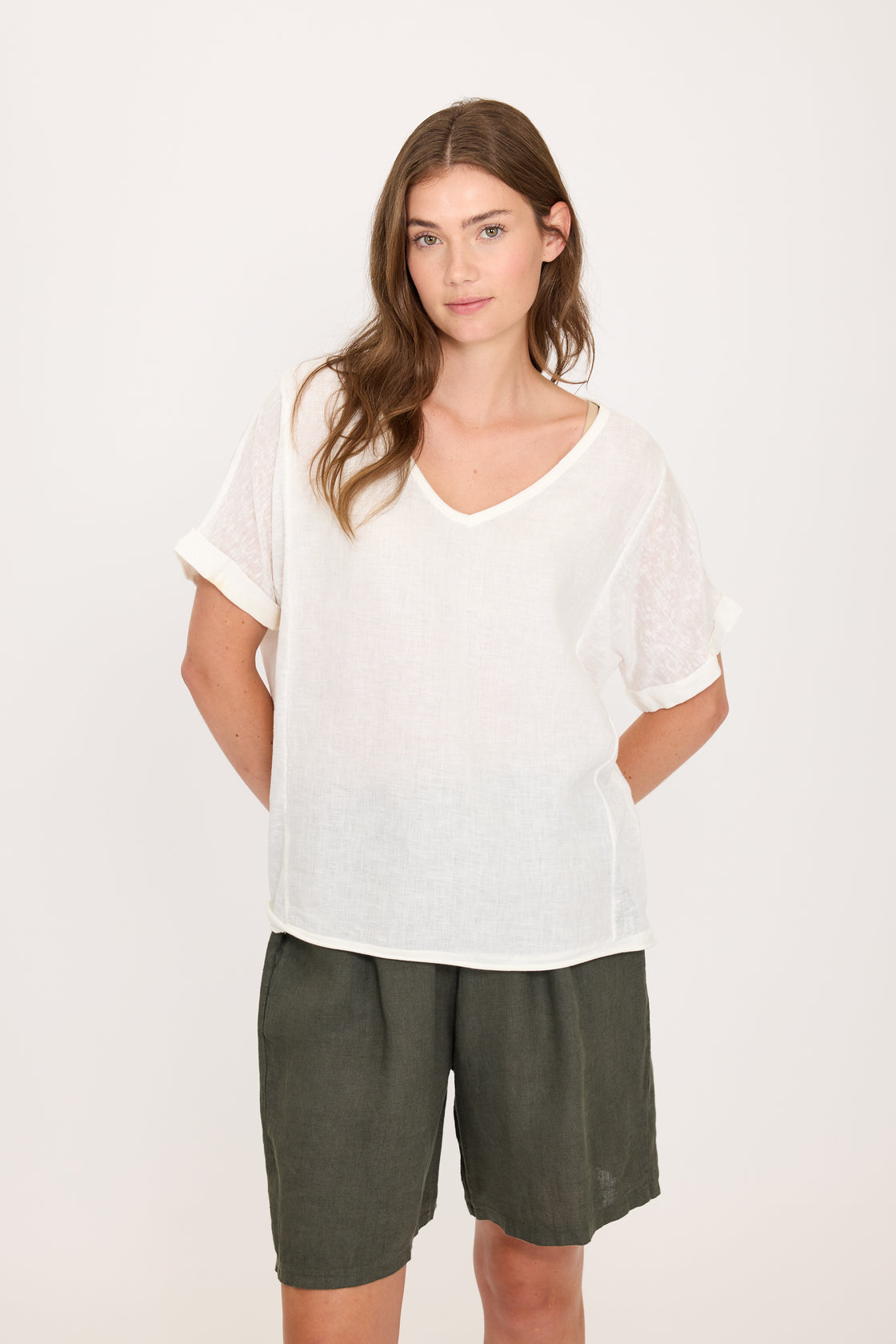 Short Sleeve V-Neck Linen Knitted Top